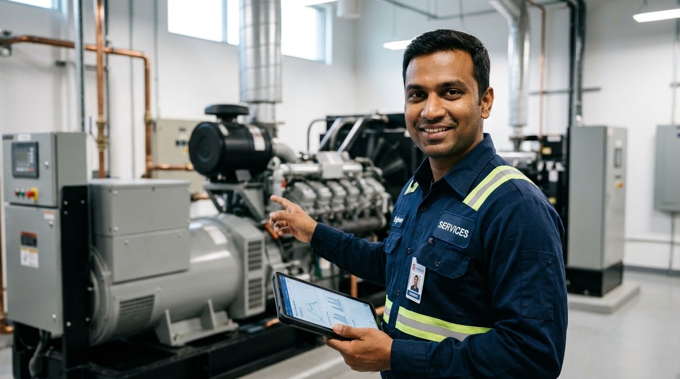 Indian Field Maintenance Engineer Inspecting Commercial Equipment